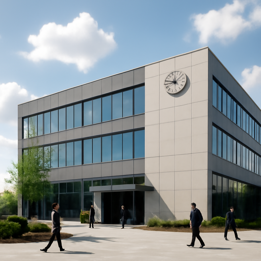 Modern office building with subtle logo, people walking in and out, set against clear blue sky with white clouds.