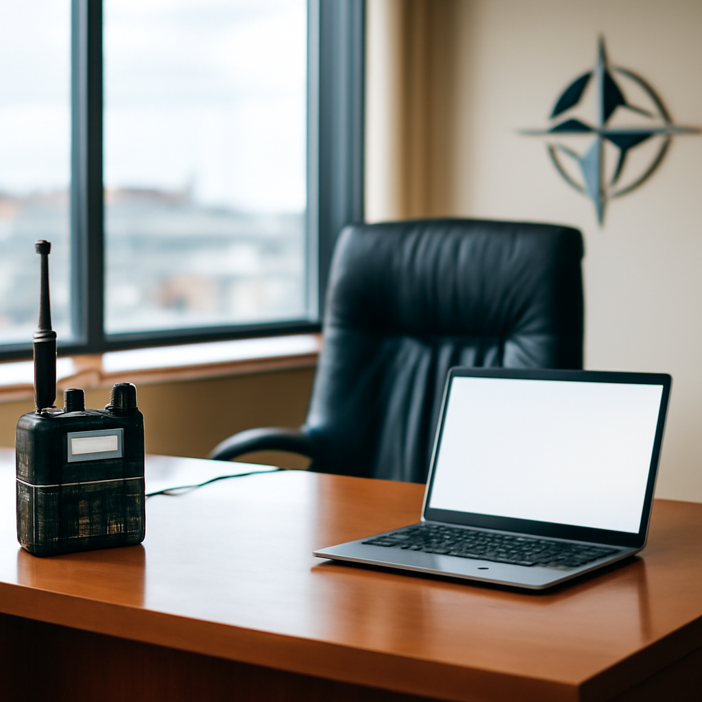 Director's office with tactical radio device on wooden desk overlooking cityscape.