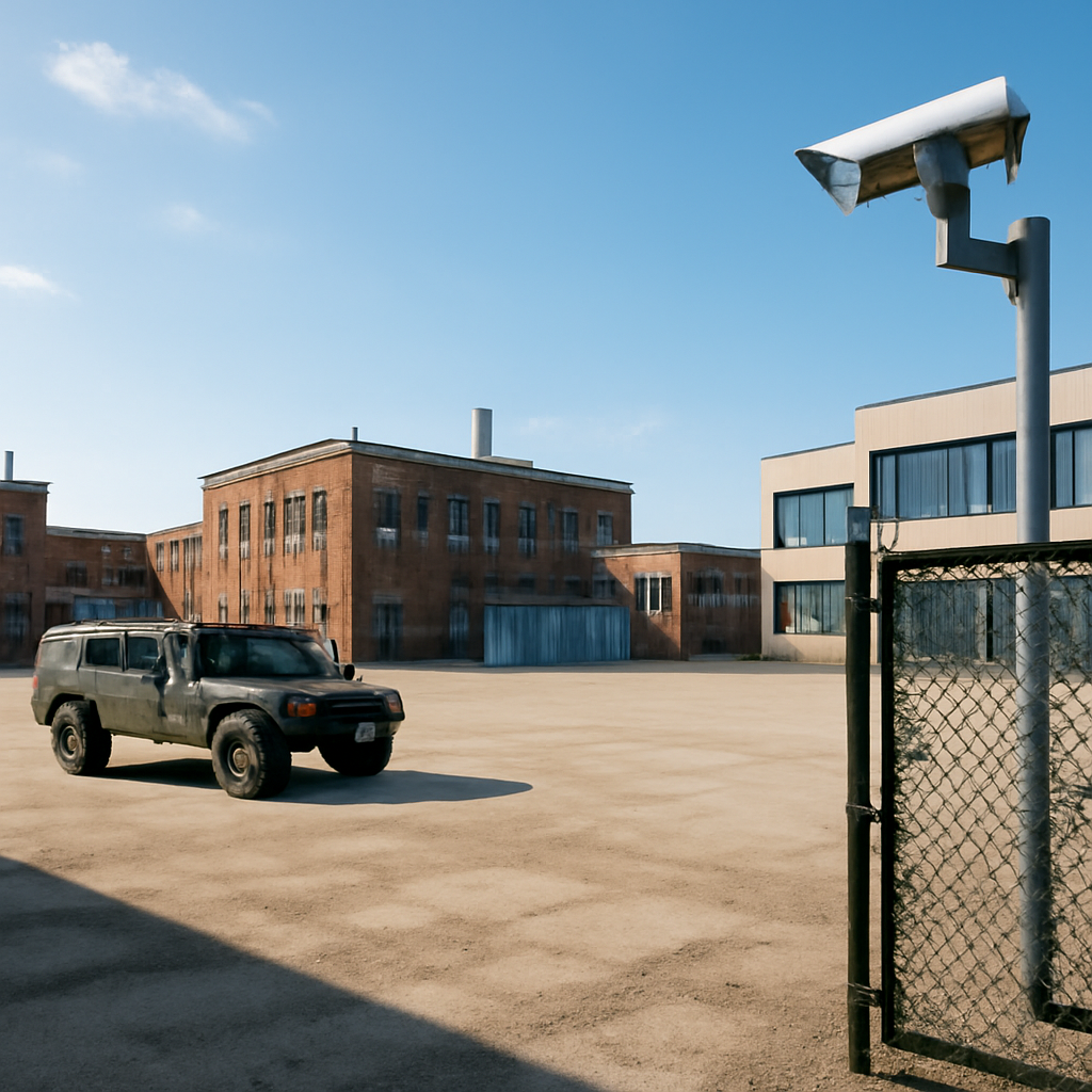Vacant industrial site with buildings, featuring subtle hints of a new defense-related purpose.