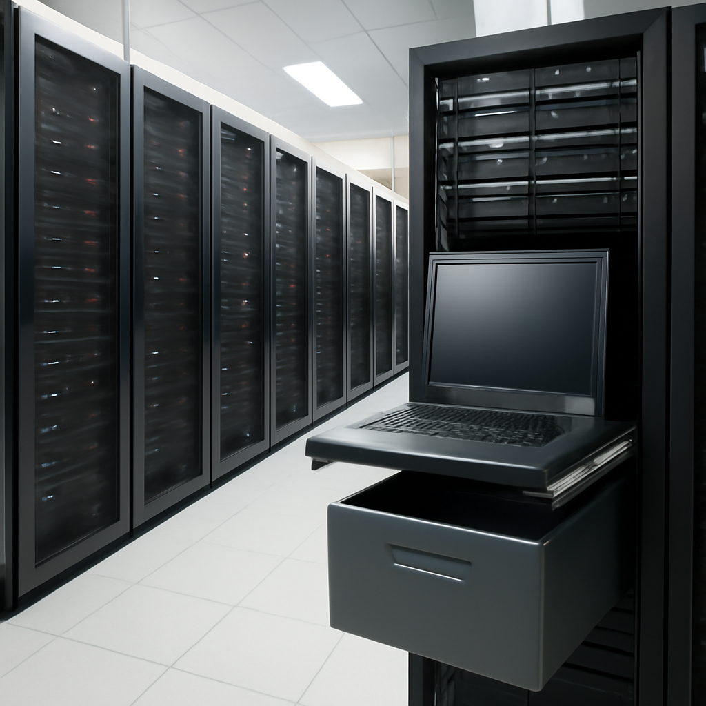 Rows of computer servers and storage equipment with a single workstation and slightly ajar laptop screen or file cabinet…