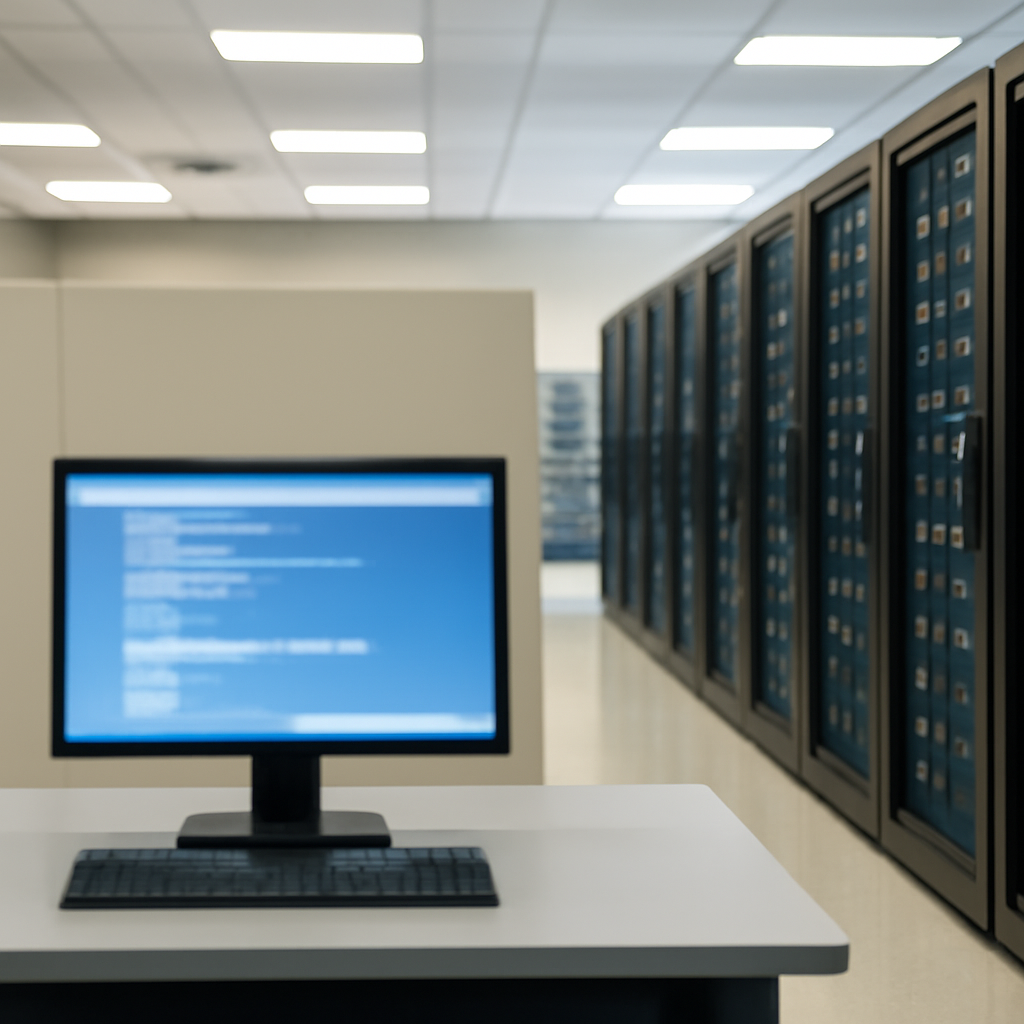 Server room interior with rows of racks and a single workstation terminal.