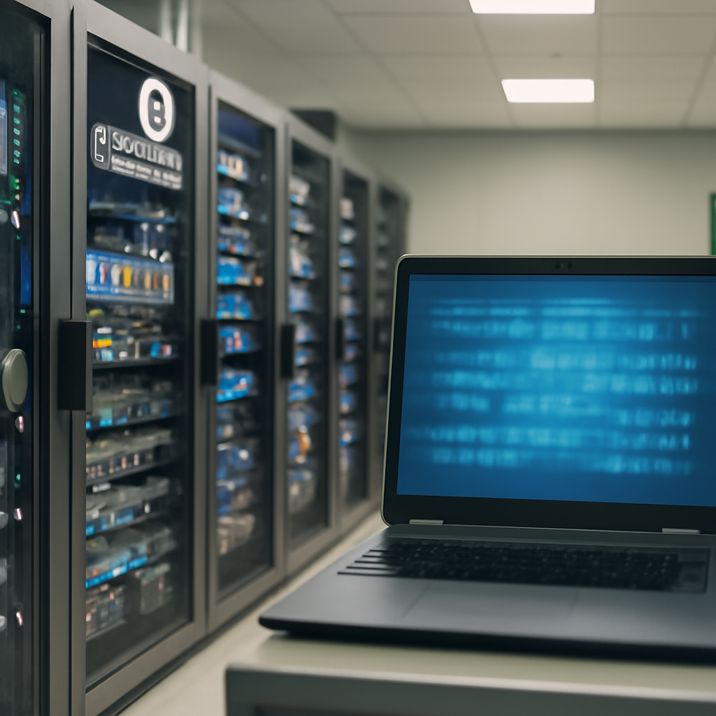 Server room with rows of computer equipment and a blurred workstation displaying encrypted data.