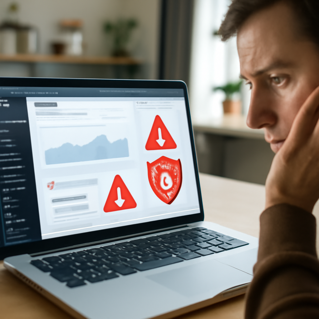 Concerned administrator examines WordPress site security alerts on laptop.