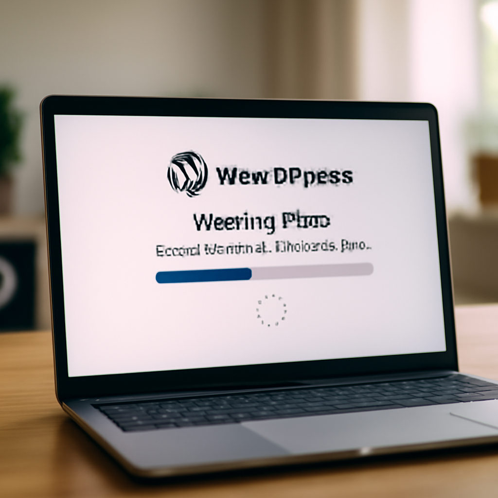 WordPress plugin update installation page on laptop with frozen progress bar.