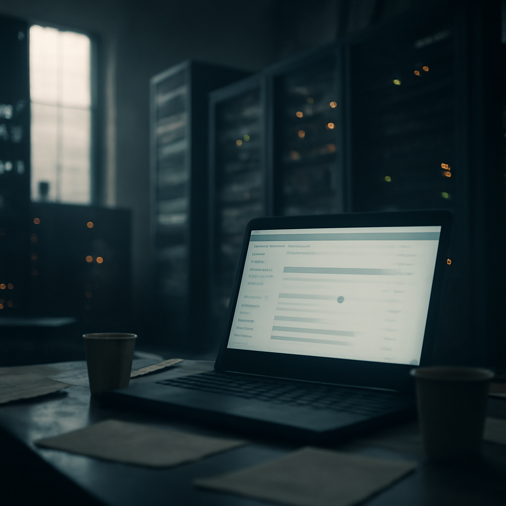 Dimly lit server room with laptop screen showing an email inbox.