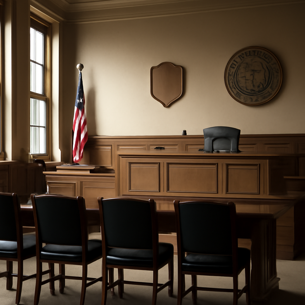 Federal courthouse interior with judge's bench, chairs, and US Department of Justice seal in daylight.