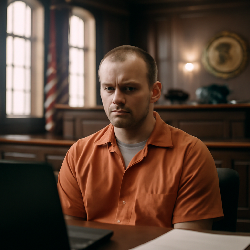 Maksim Silnikau sits in defendant's chair in a federal courthouse with a judge's bench and Department of Justice seal in…