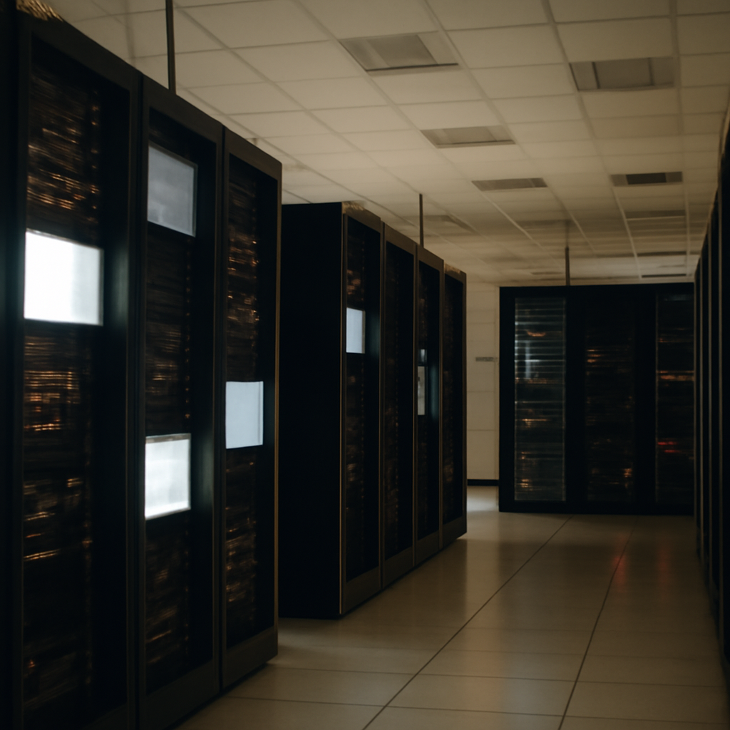 Rows of computer servers with flickering screens and dimmed lights suggest a breach or disruption in a technology company's…