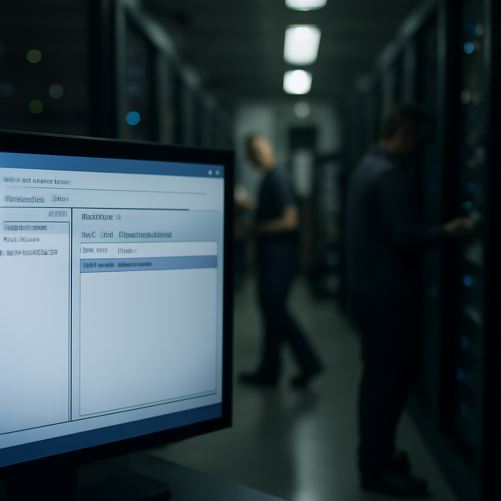 Dimly lit server room with technicians in background, large screen display in foreground.