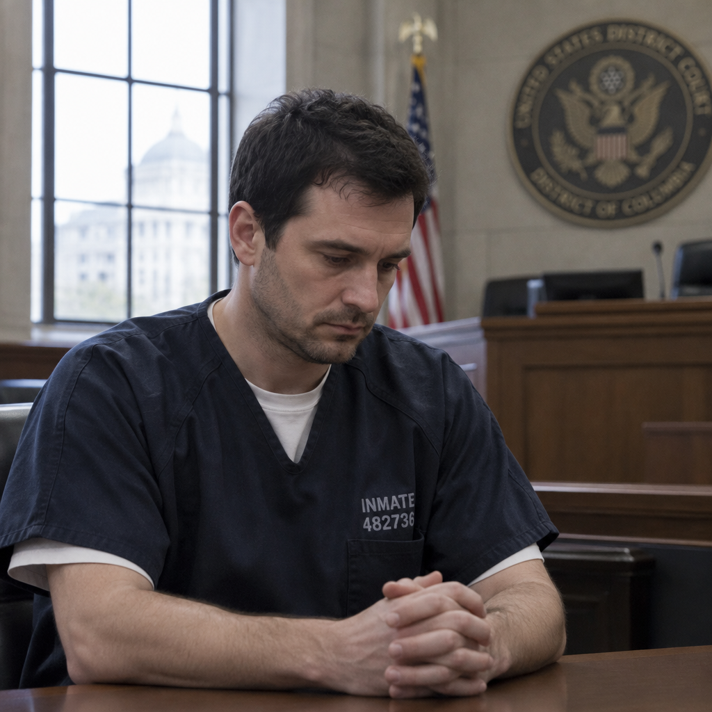 Man in prison uniform sits in courtroom with somber expression.
