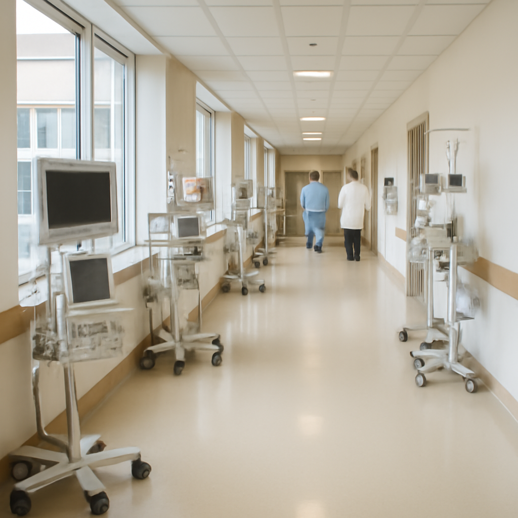 Hospital corridor with medical devices and staff walking in distance.
