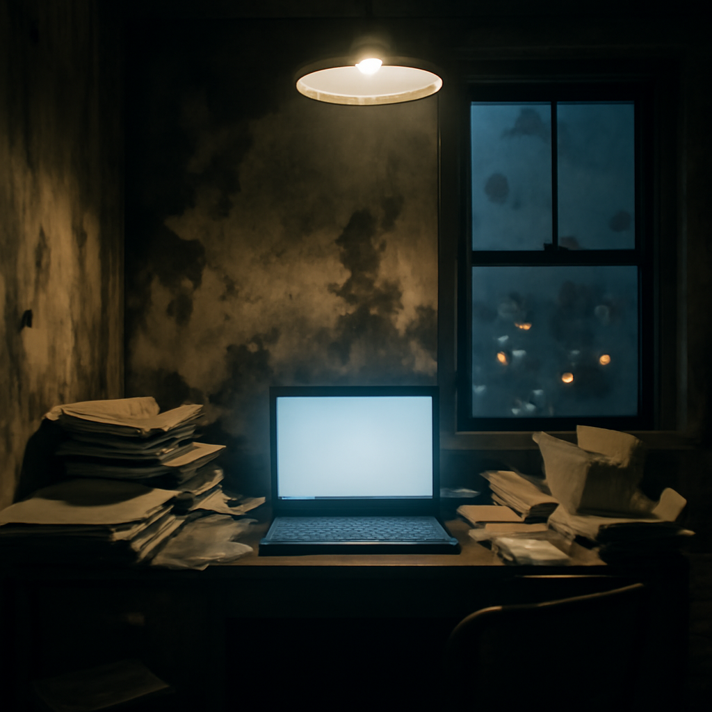 Cramped, dimly lit room with laptop, papers, and takeout containers, overlooking cityscape through grimy window.