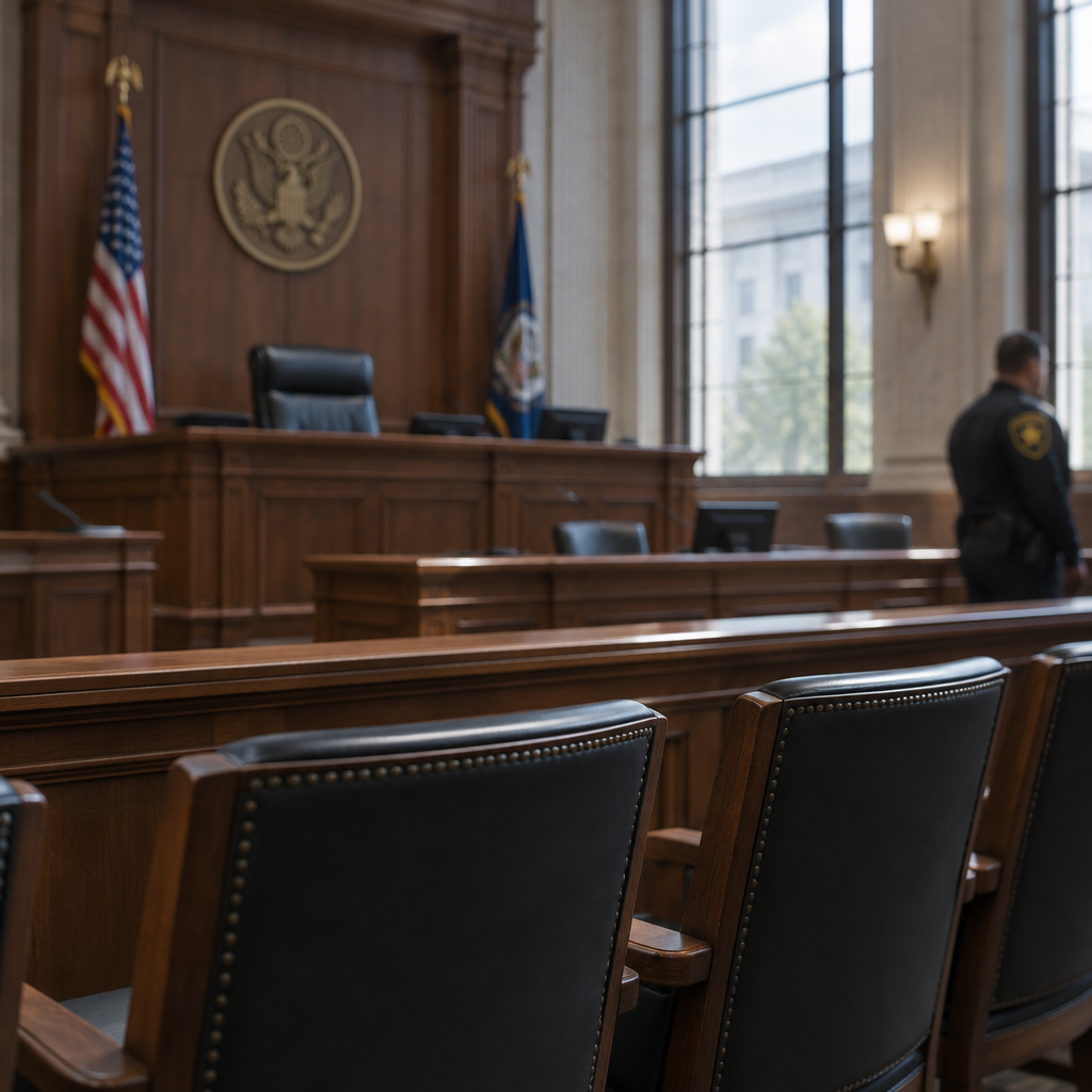 Federal courthouse interior with judge's bench and chairs, law enforcement emblem visible.