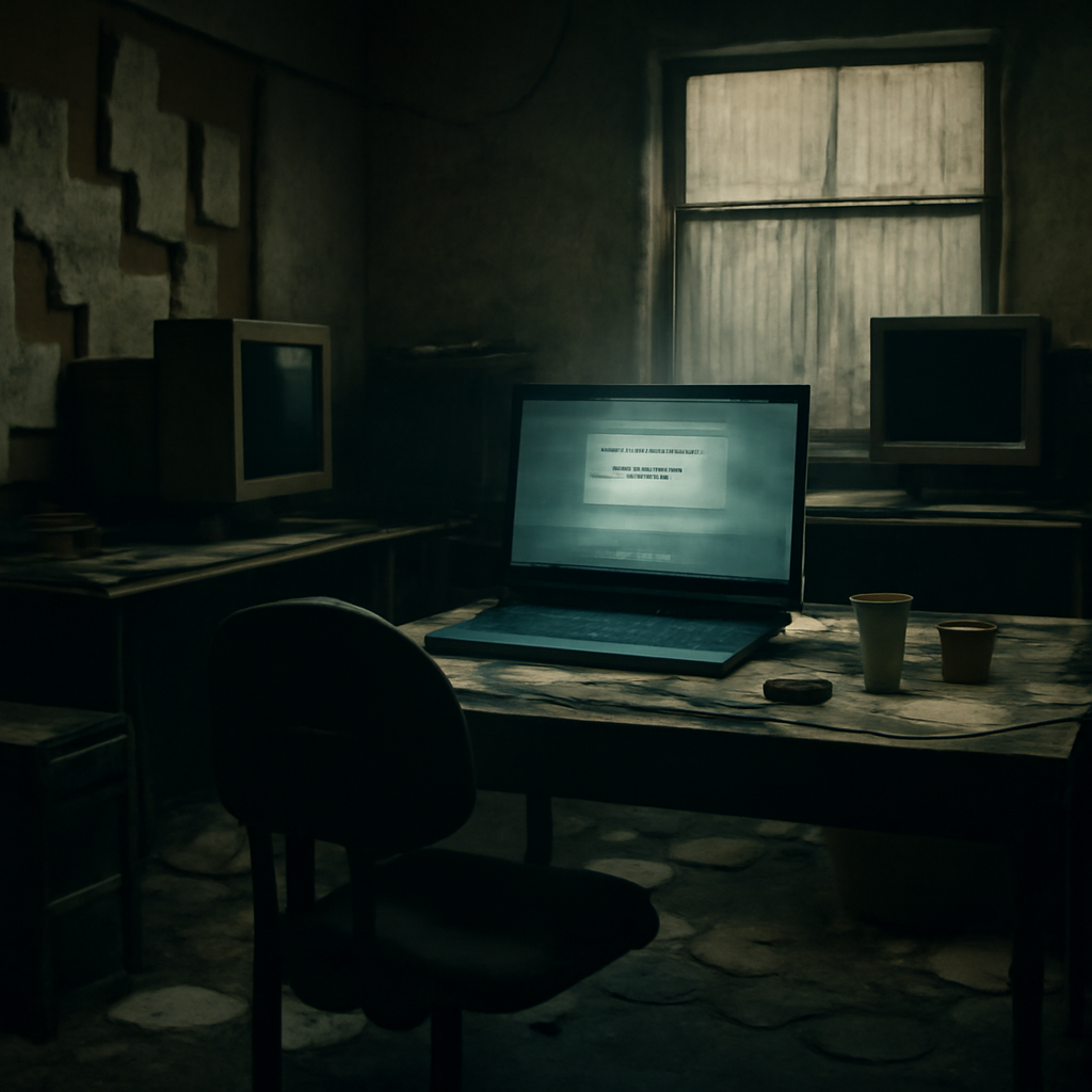 Dimly lit, cluttered office with scattered equipment and a lone chair in front of a computer screen.