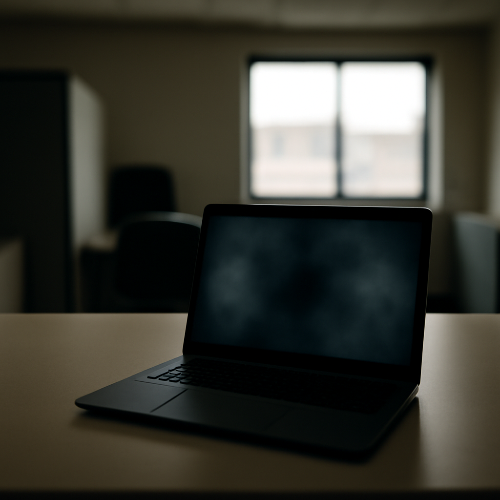 Empty office with laptop on desk, daylight streaming through window.