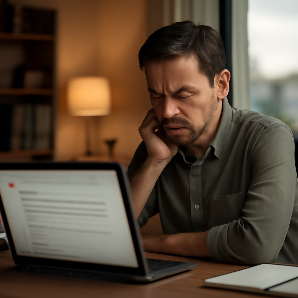Person sits at desk, scrutinizing laptop screen with skepticism in a dimly lit home office.