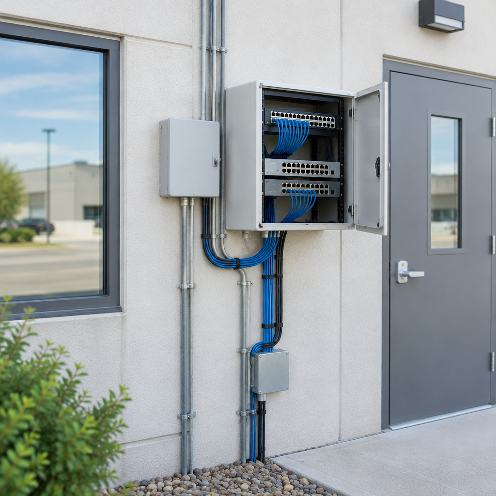 Exterior network equipment room with patch panel and switches on a wall.