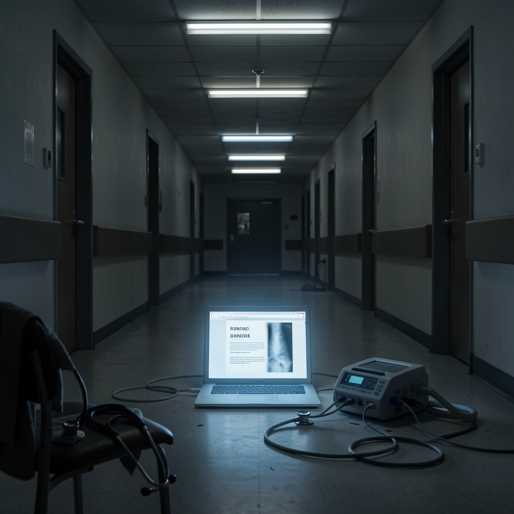 Dimly lit hospital corridor with a laptop screen displaying a ransom note and blurred medical file.