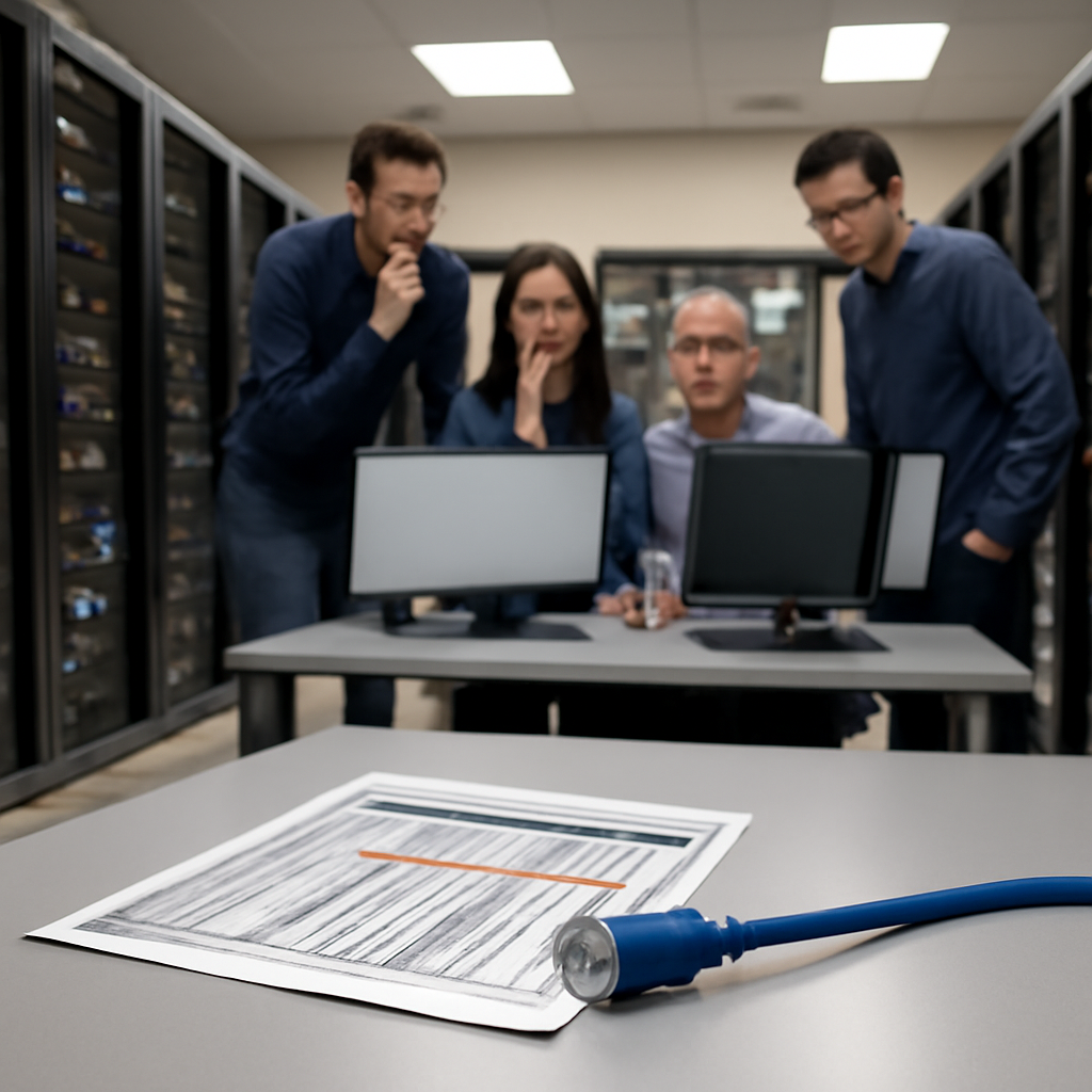 IT staff gather around console, surveying disrupted server room.