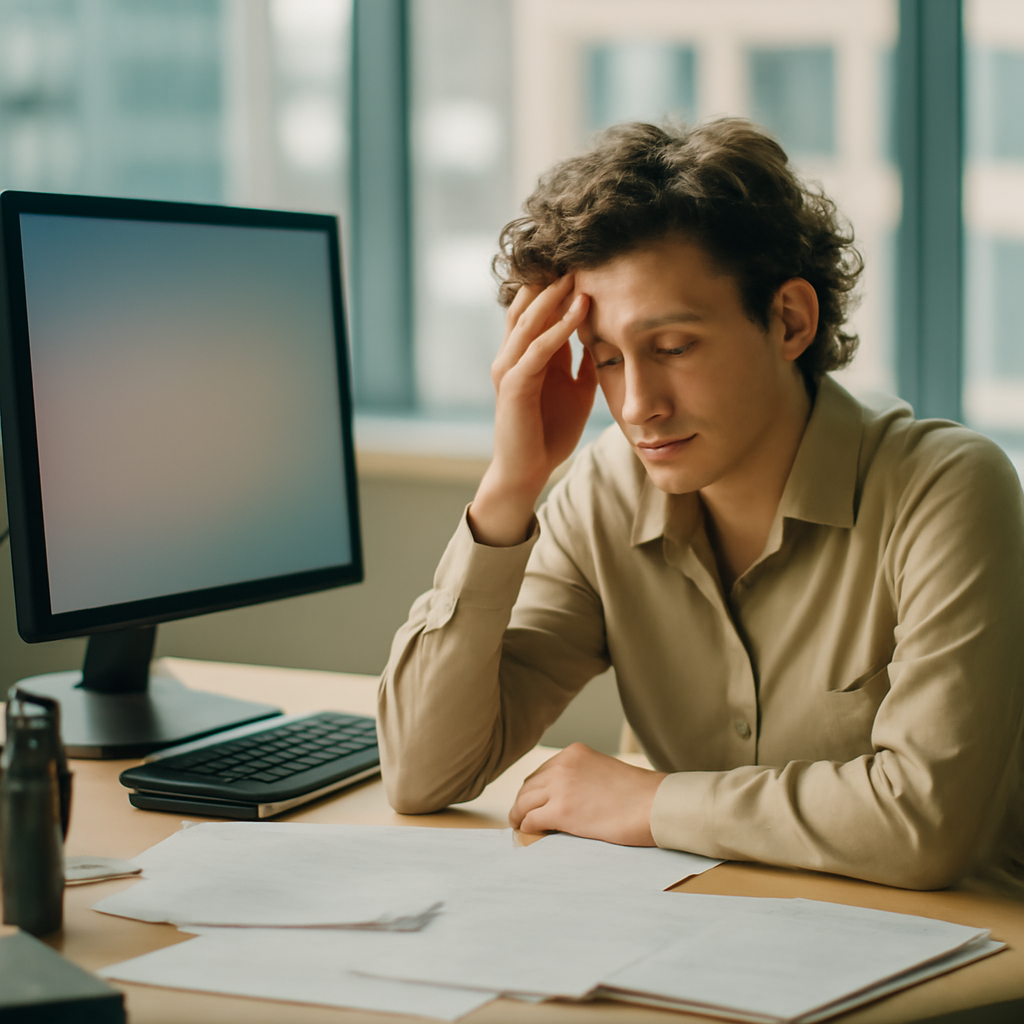Concerned office worker sits at desk with tense expression amidst papers and computer equipment.