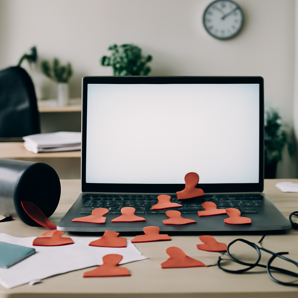 Blurred computer screen amidst ordinary office equipment and decor suggests disruption.