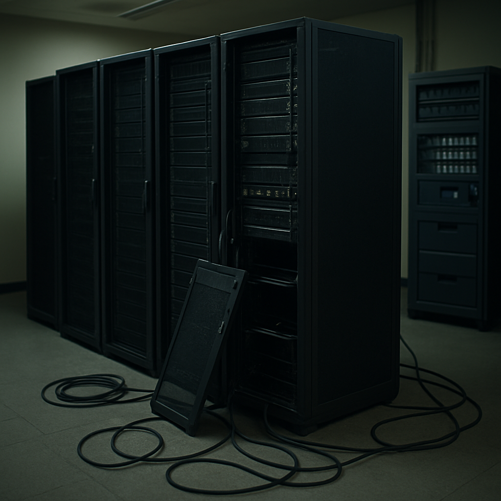 Darkened server room with damaged server rack and scattered cables, backup storage system blurred in background.
