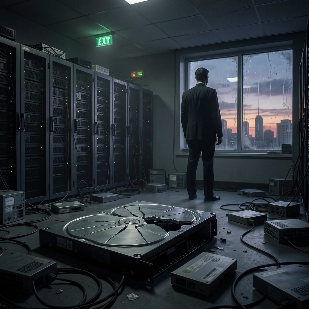 Broken backup hard drive on a cluttered server room floor with scattered devices and cables.