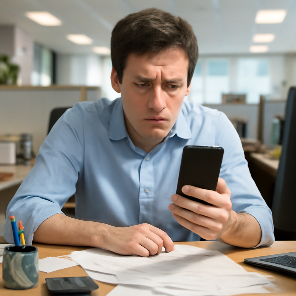 Concerned office worker holding a smartphone at their desk surrounded by papers and office supplies.