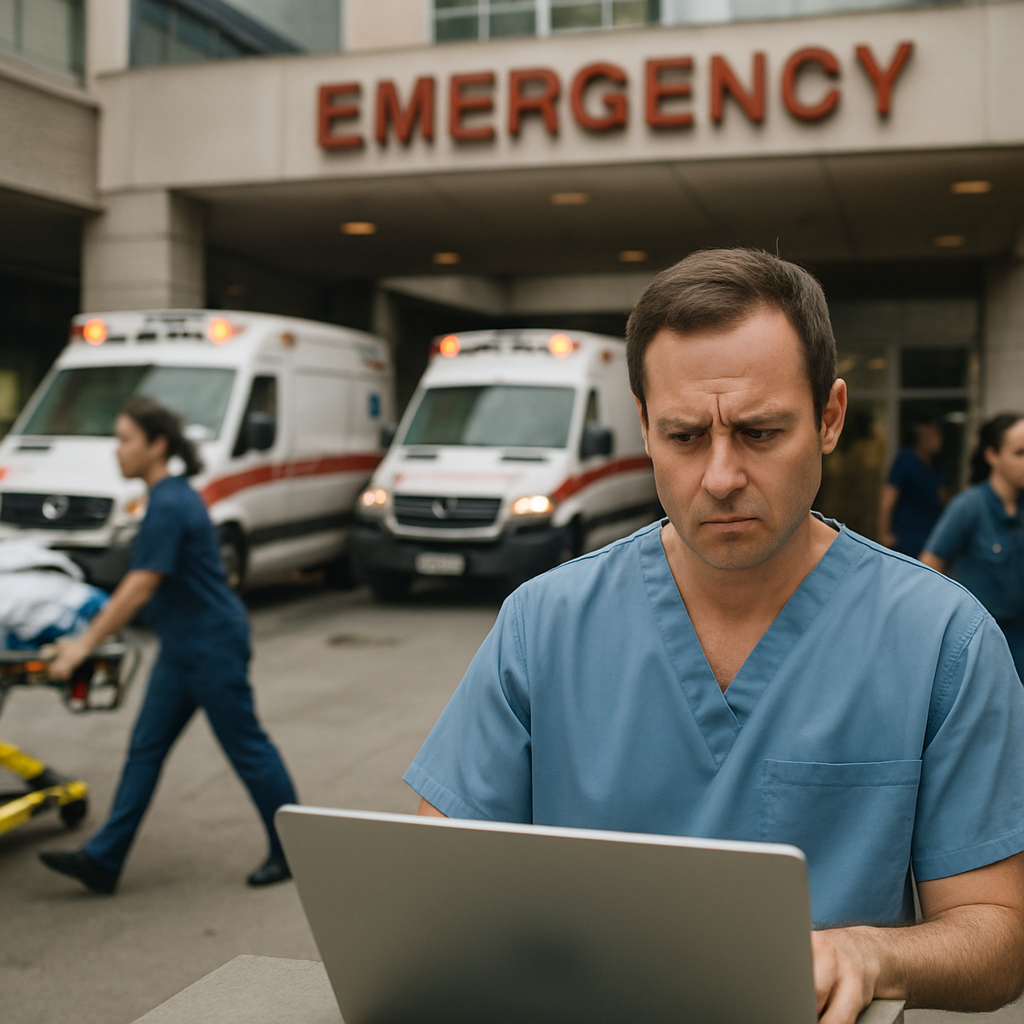 Hospital staff member in scrubs looks concerned while reviewing patient chart on laptop in busy emergency department with…