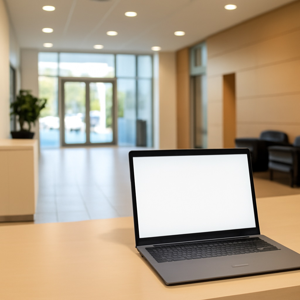 Blurred laptop on reception desk in brightly-lit office lobby with large window.