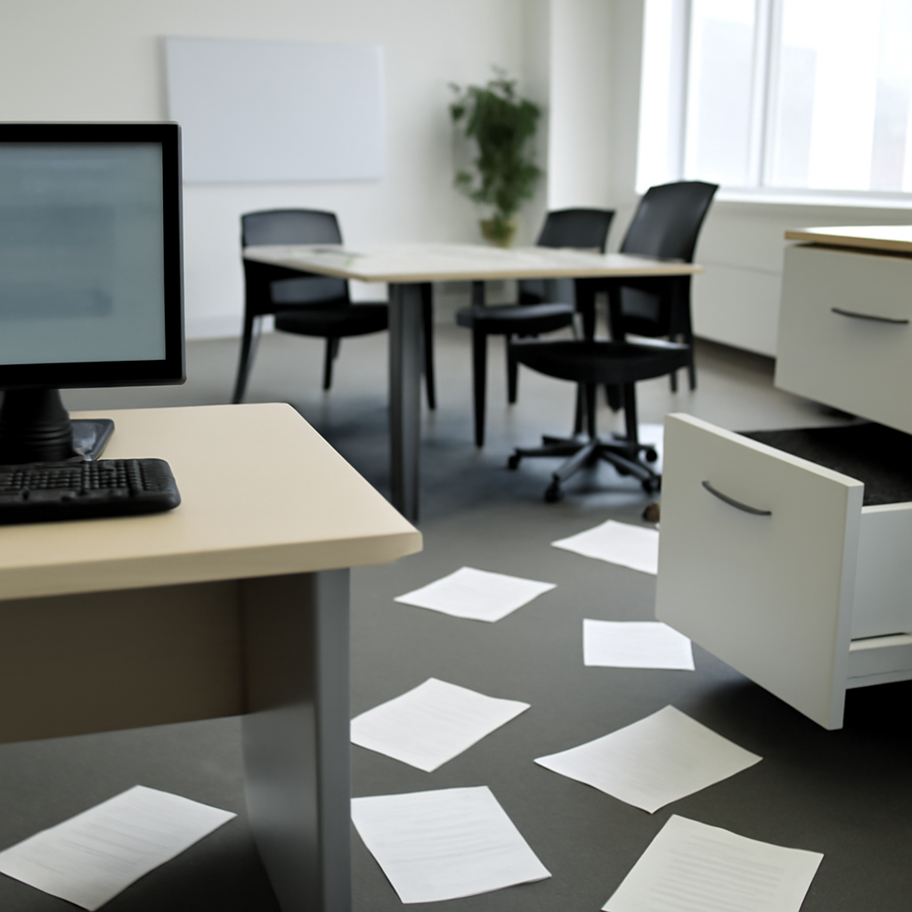 Modern office space with scattered papers and an open file cabinet, hinting at disruption.