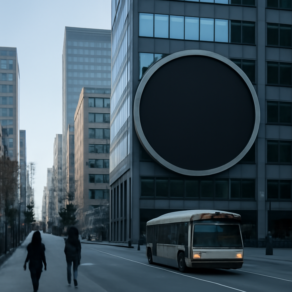 City street scene with modern and old buildings, pedestrians, and a bus.