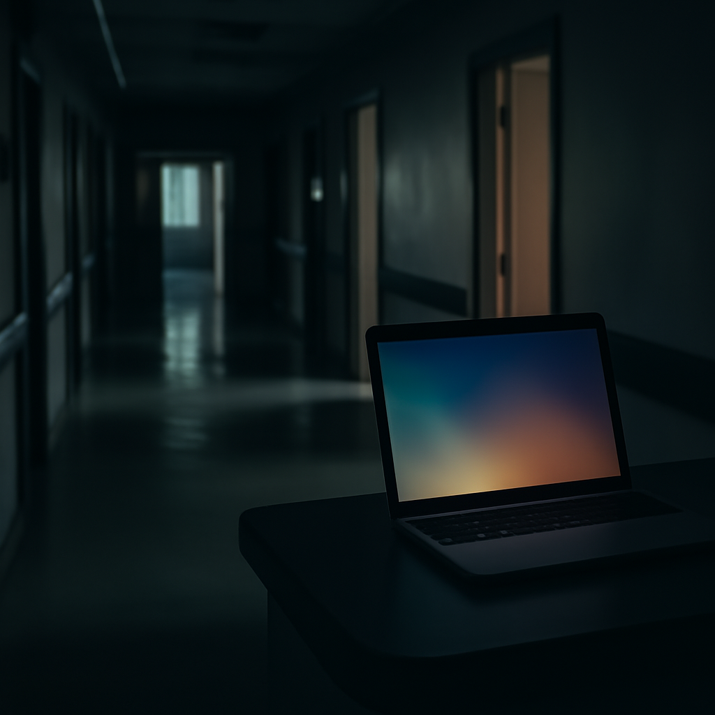 Dimly lit hospital corridor with open doors and a laptop on a counter, screen glowing with a soft gradient.