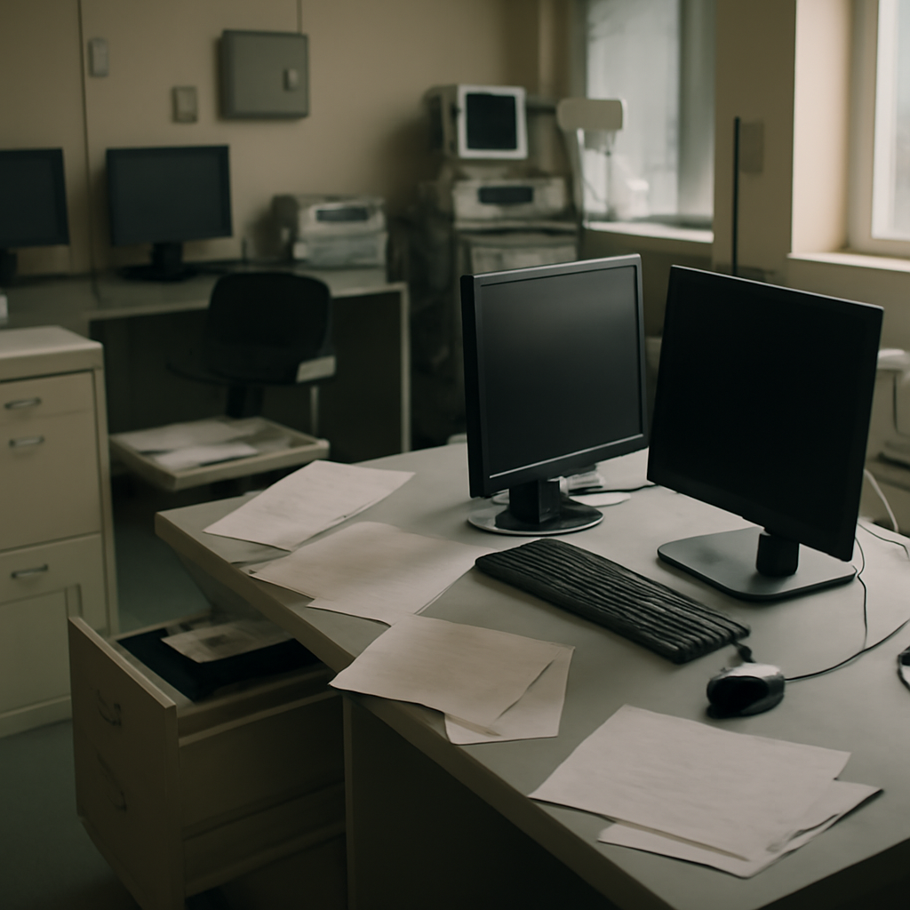 Hospital IT room with scattered papers, locked cabinet, and medical equipment in background, hinting at disruption.