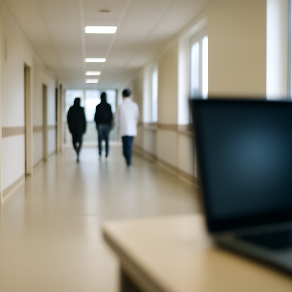 Empty hospital corridor with people in distance, blurred laptop screen on nearby desk, conveying concern and unease.