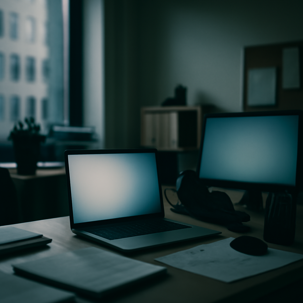 A brightly-lit office workspace with a computer workstation and blank screens.
