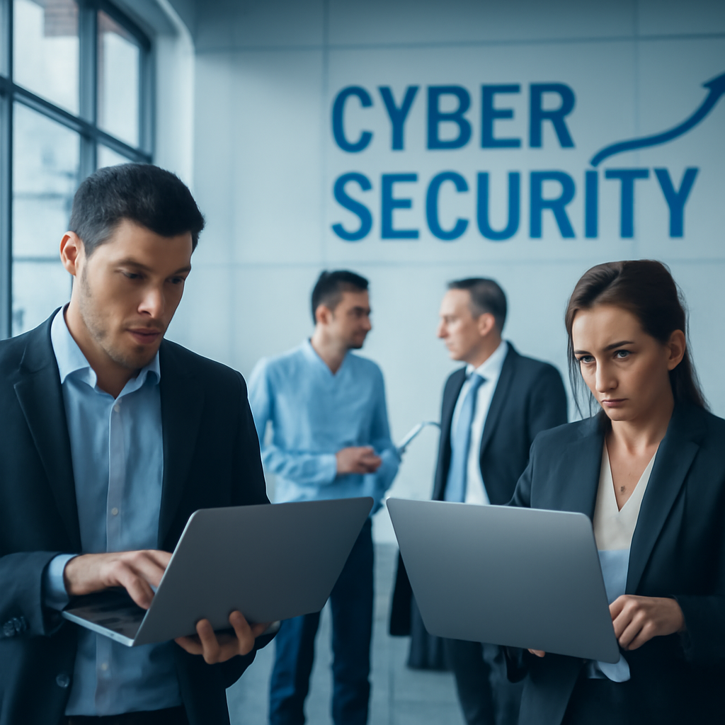 People in a modern office setting appear tense while looking at laptops and talking.