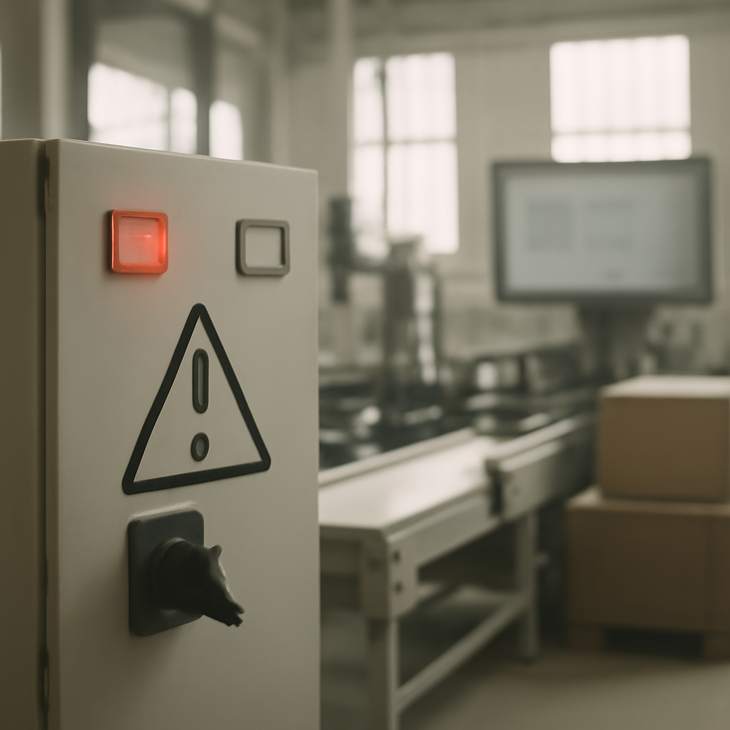 Factory control panel with blurred computer screen in background.