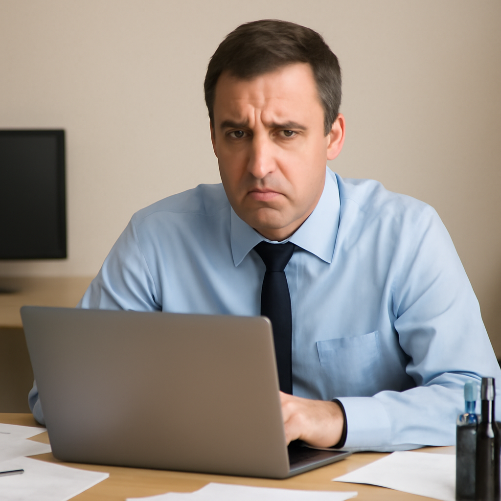 Office worker sits at desk with laptop, showing subtle concern on face.