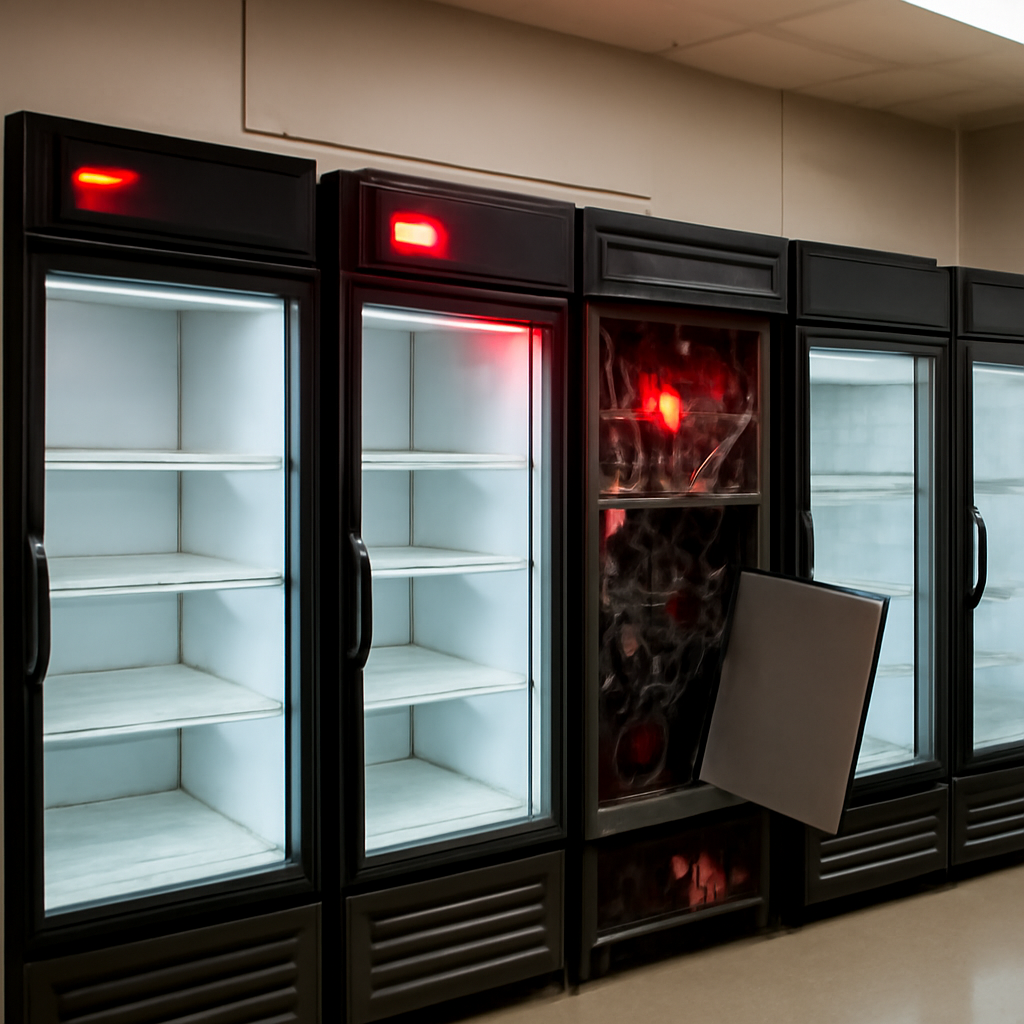 Grocery store refrigeration units with malfunctioning equipment and exposed wiring.
