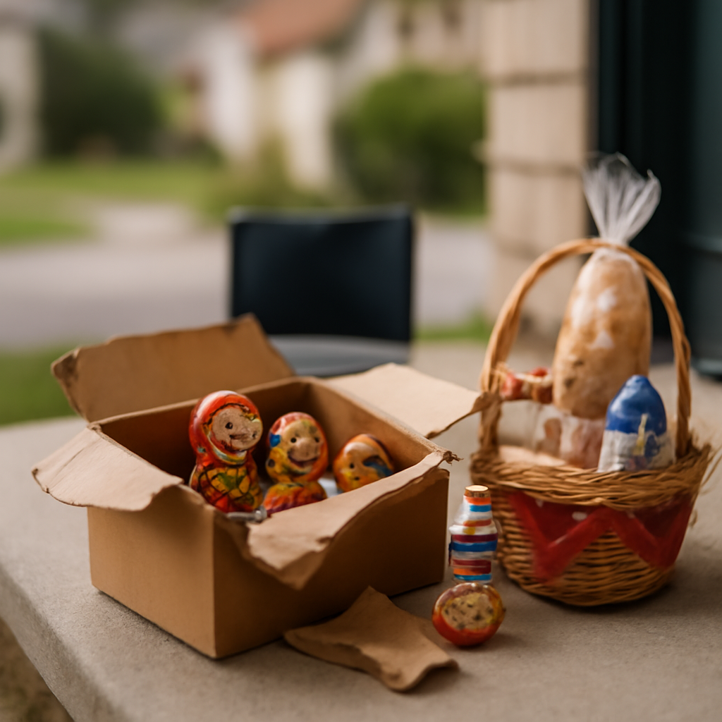 Doorstep with partially unwrapped package containing nesting dolls and regional souvenirs, with a laptop nearby.