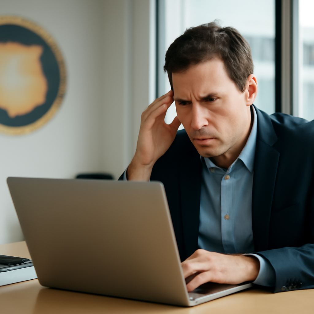 Person at desk looks concerned while staring at laptop in a brightly-lit office setting with blurred law enforcement logo…