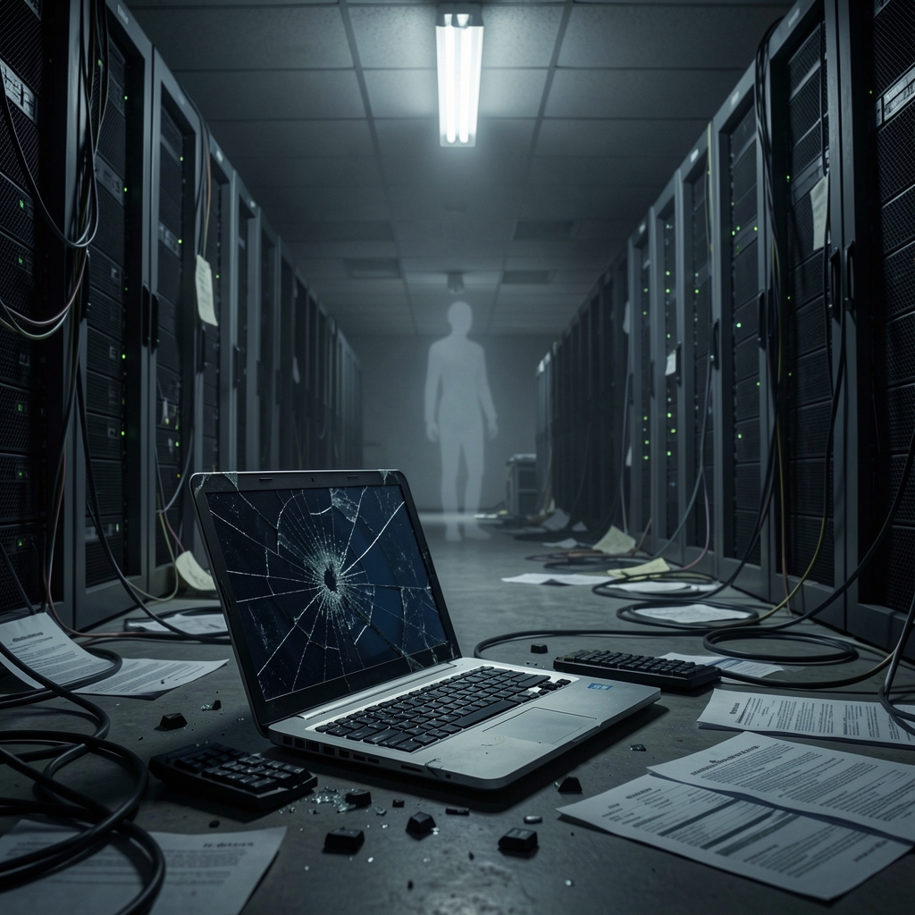 Dark server room with broken laptop screen on floor, eerie shadows cast by flickering fluorescent light.