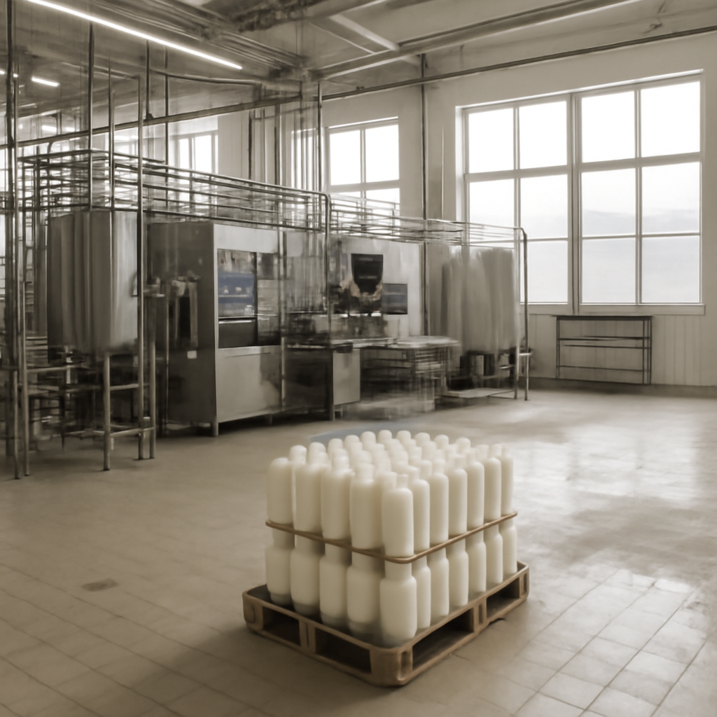 Dairy production facility with stainless steel equipment and milk bottles on a pallet.