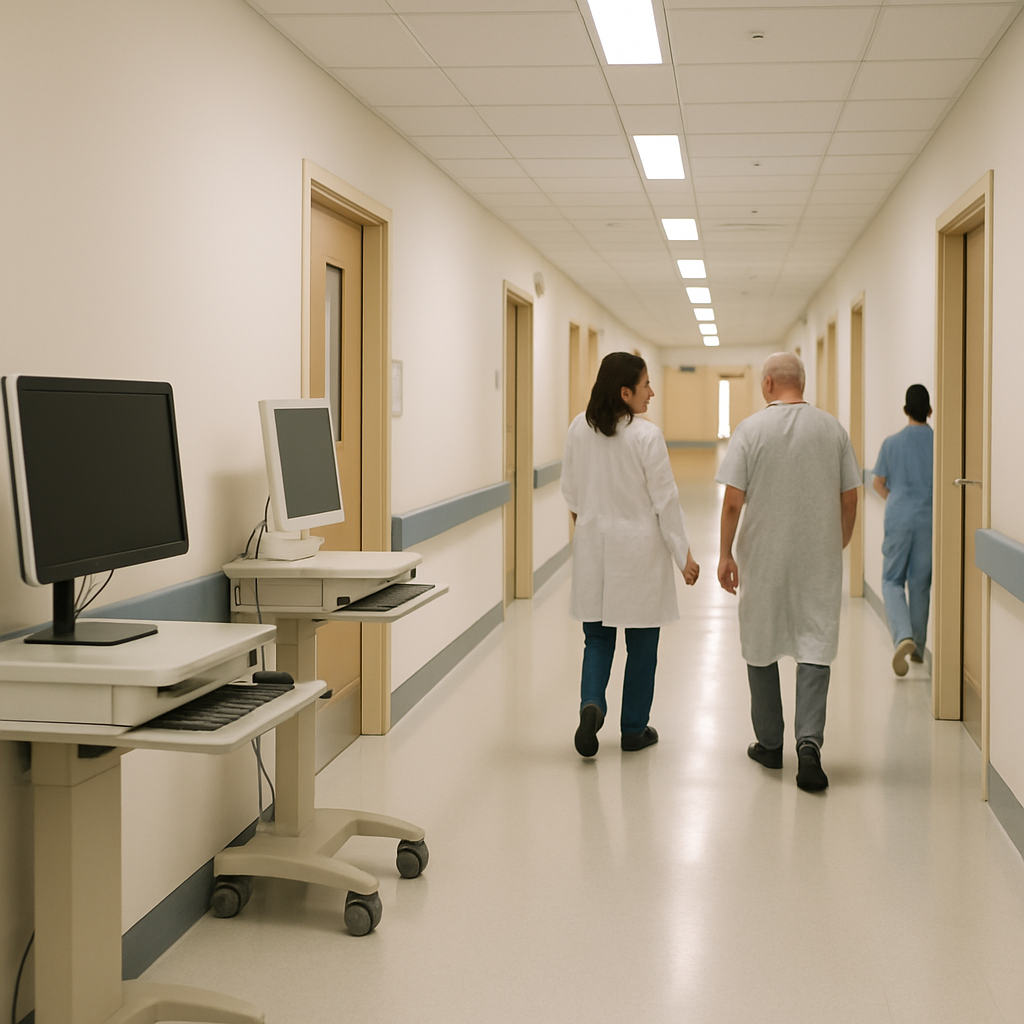 Hospital corridor with staff and patients, calm yet concerned atmosphere.