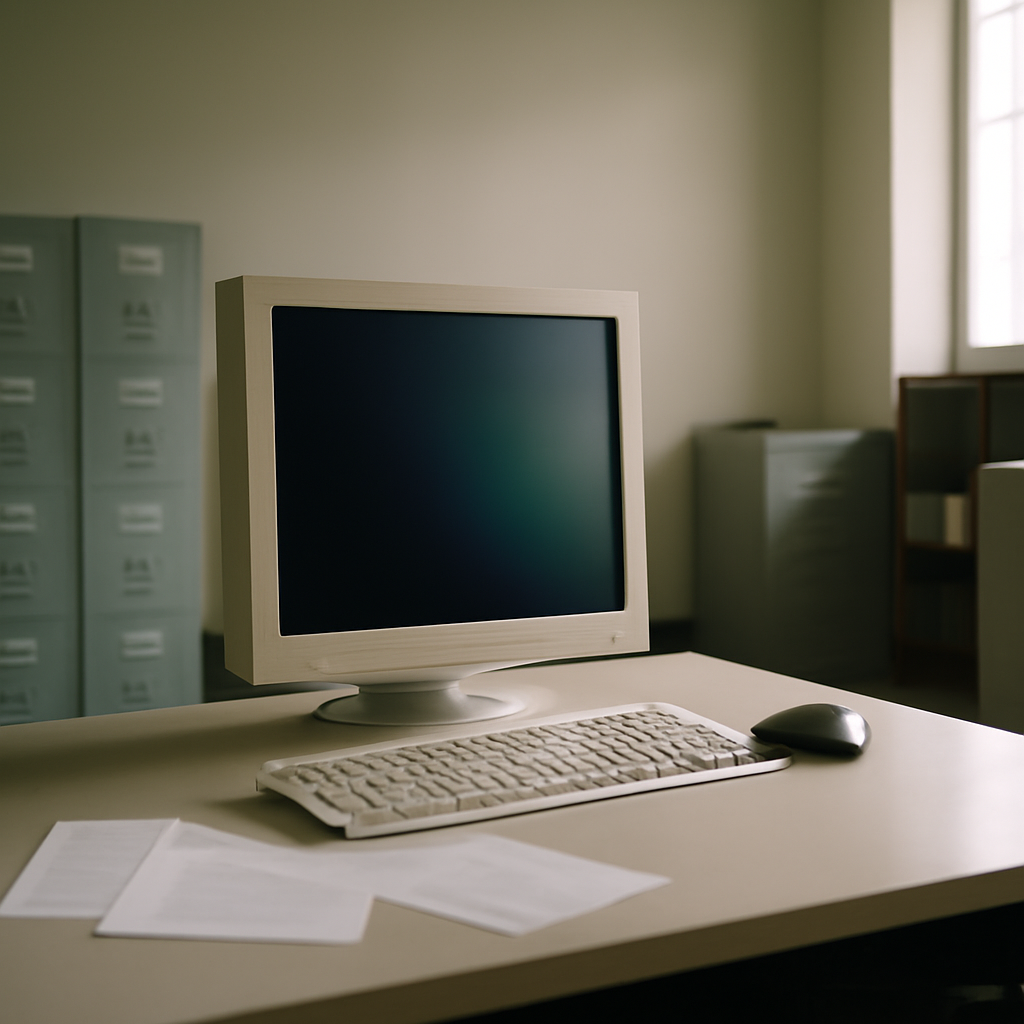 Dark computer screen on a desk in a quiet office with scattered papers and blurred filing cabinets in the background.