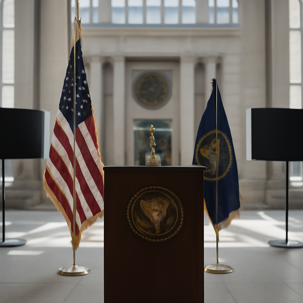 Federal courthouse interior with podium and press area, bathed in natural daylight.