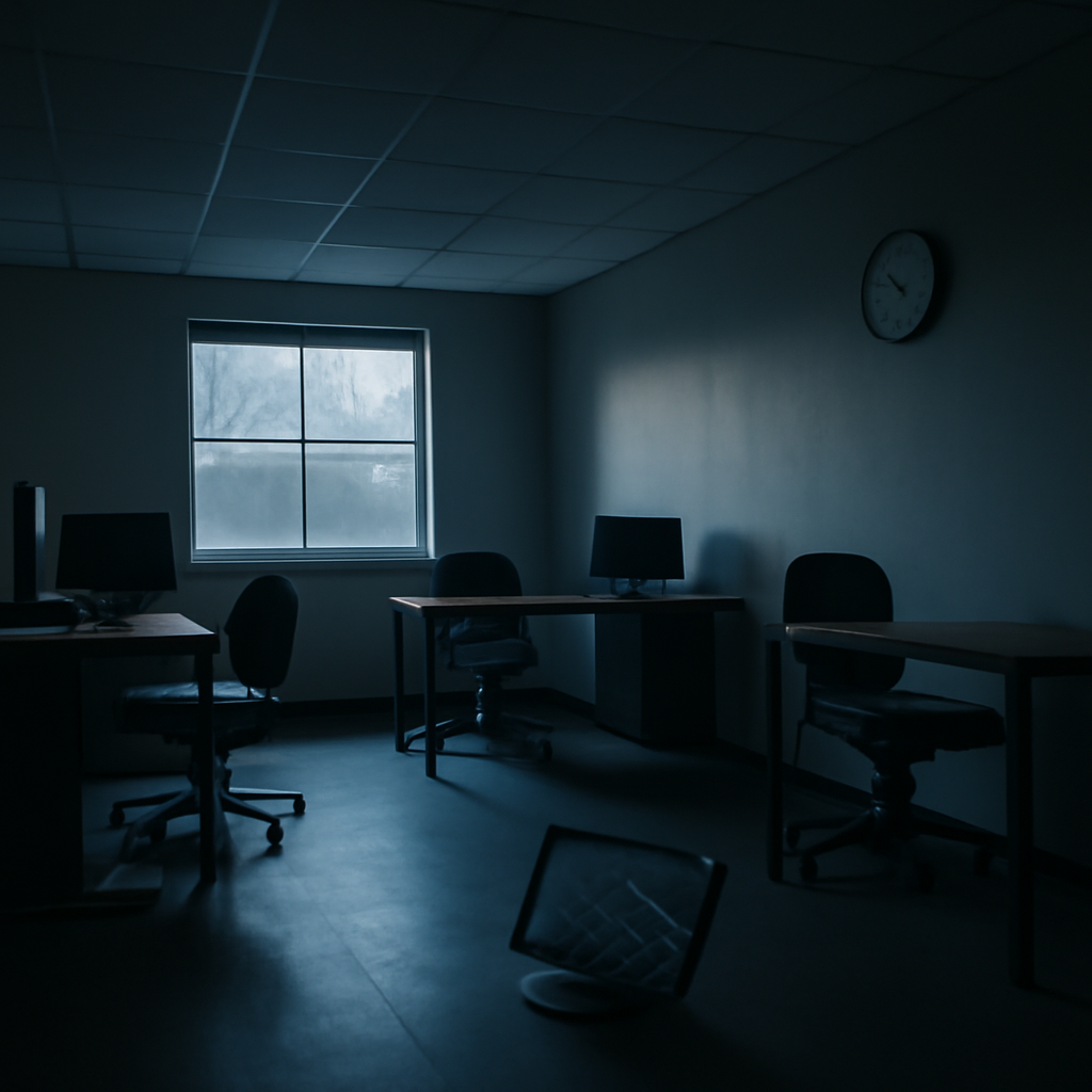 Dimly lit, empty office space with broken computer and scattered furniture, late at night.