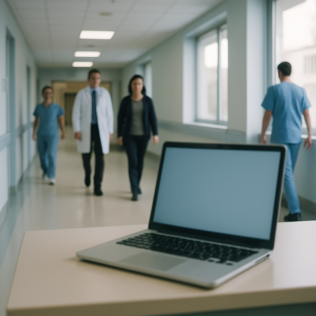 Hospital corridor with people walking, laptop on administrator's desk near large windows.