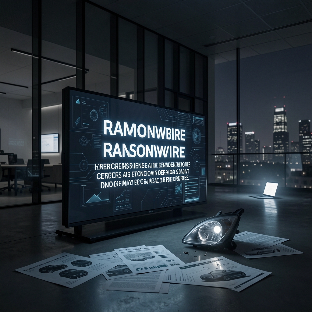 Dark tech company HQ with ransomware demand on screen, surrounded by automotive data and a broken car headlight.